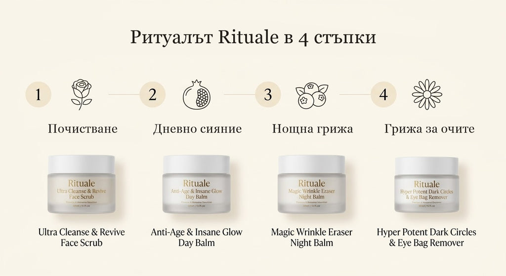 Ритуалът Rituale в 4 стъпки: почистване, дневно сияние, нощна грижа, грижа за очите