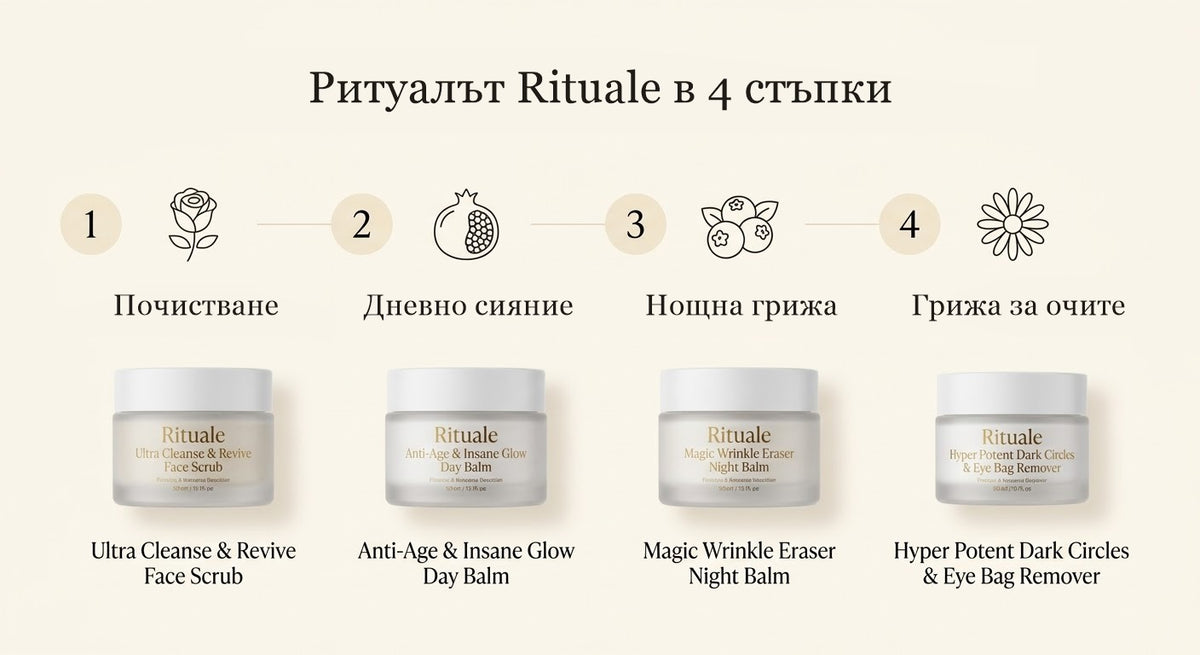 Ритуалът Rituale в 4 стъпки: почистване, дневно сияние, нощна грижа, грижа за очите
